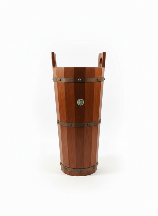Vintage Wooden Umbrella Stand, Barrel Style, Rustic Entryway Decor, Leather Crest Detail