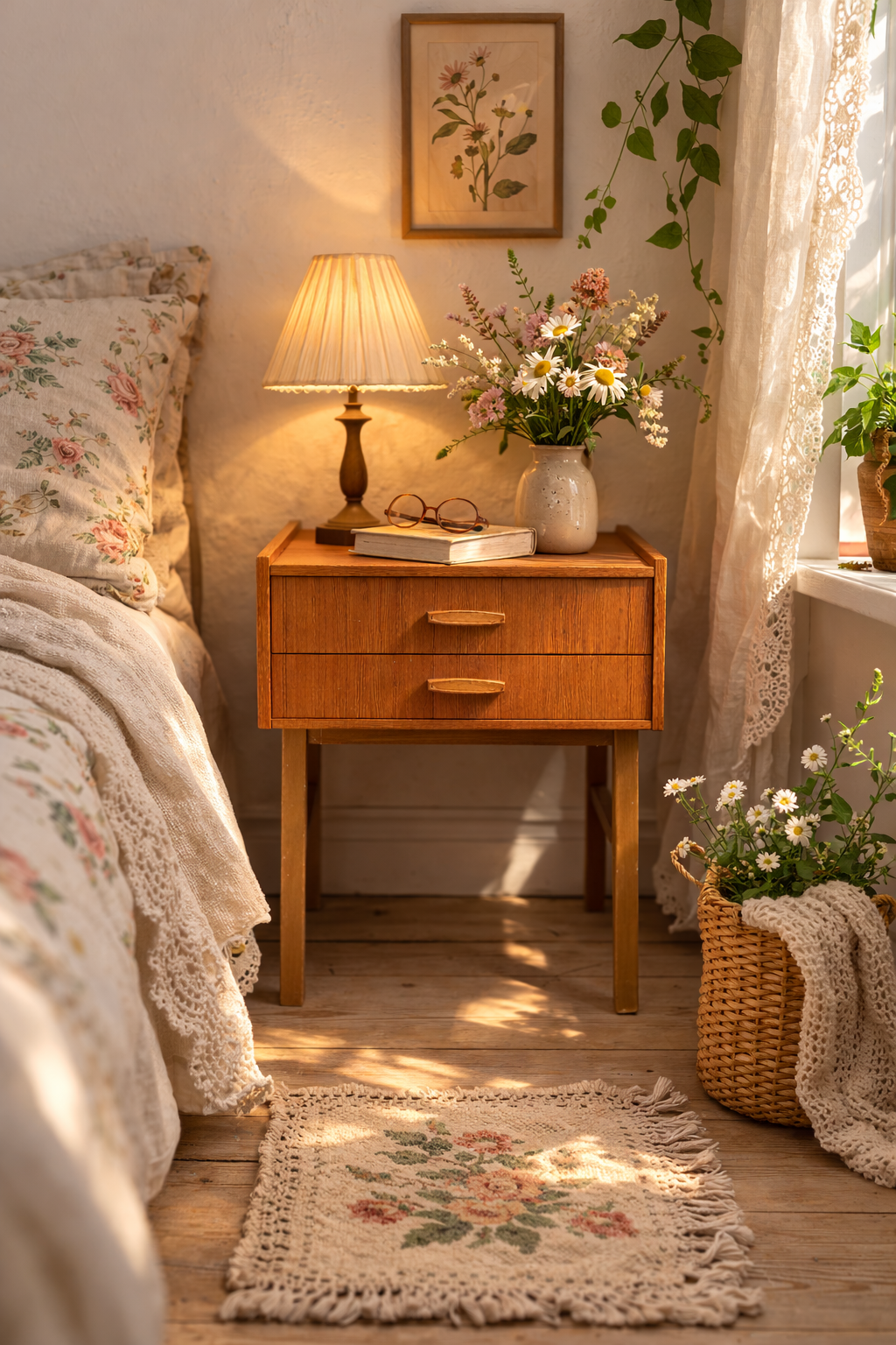 Vintage 1960s Teak Side Table with Drawers – Scandinavian Mid-Century Modern, authentic vintage, timeless charm in cozy room setting