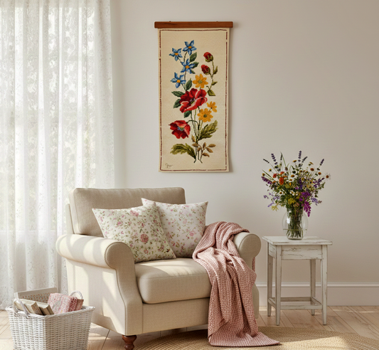 Vintage Embroidered Floral Wall Scroll - Rustic Cross Stitch Flower Tapestry - Cottagecore Botanical Decor