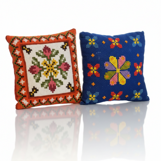 Vintage Hand Embroidered Needlepoint Cushion – Scandinavian Folk Floral Pattern, Retro Colour Pop Pillow