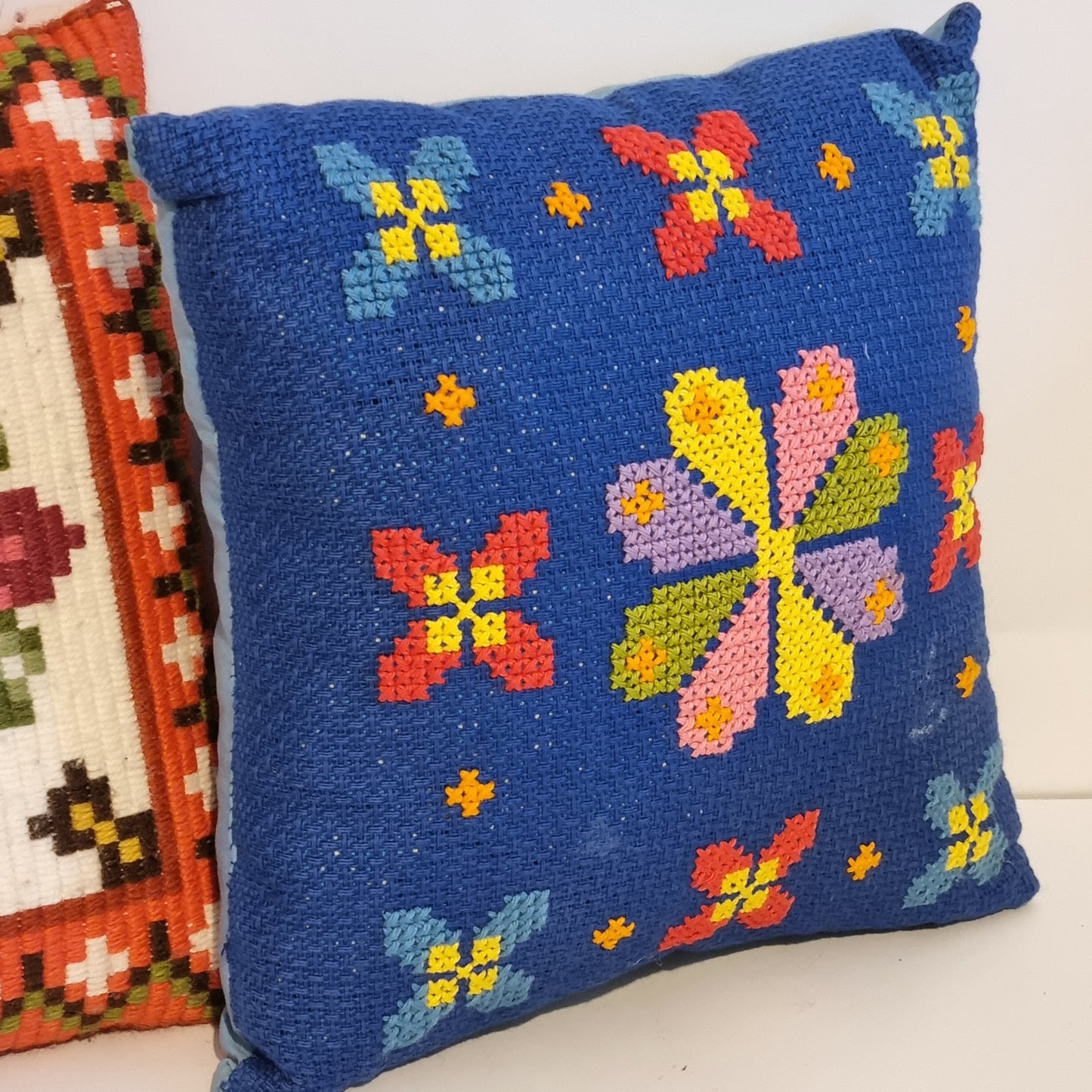Vintage Hand Embroidered Needlepoint Cushion – Scandinavian Folk Floral Pattern, Retro Colour Pop Pillow