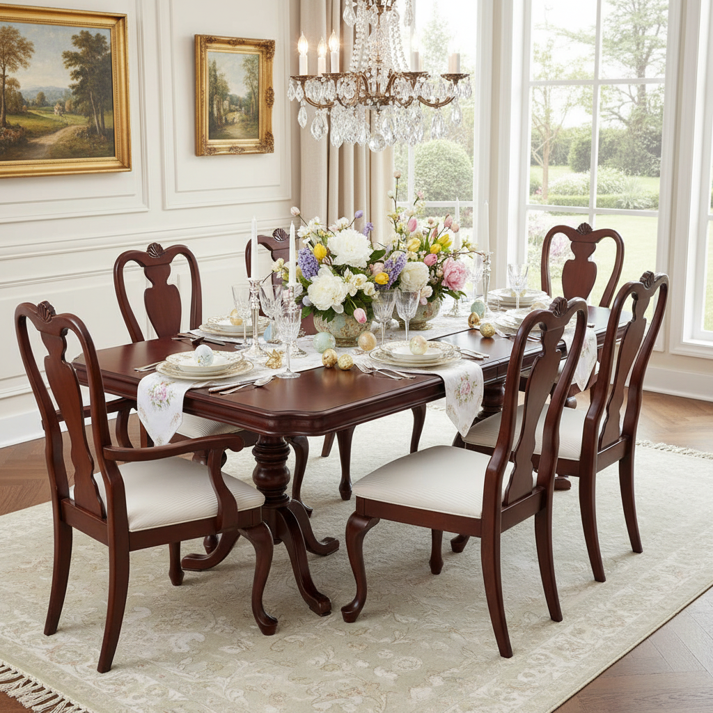 Vintage Mahogany Queen Anne Dining Set Extendable Table, 6 Chairs in elegant dining room with floral centerpiece and chandelier