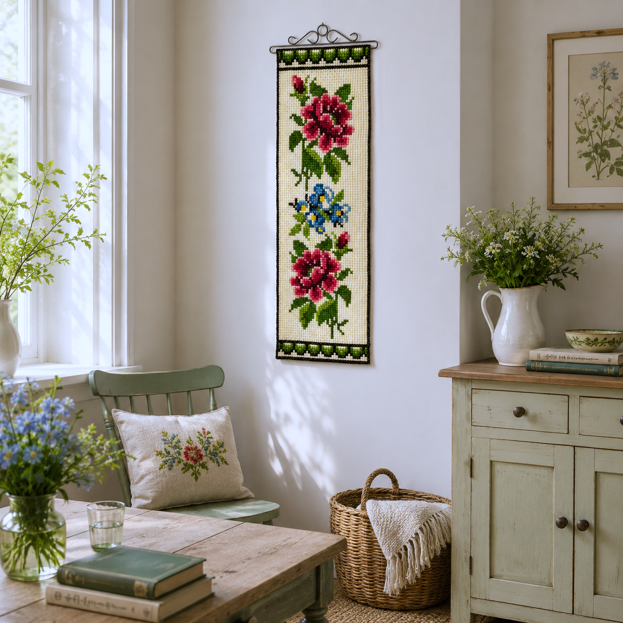 Vintage Swedish Cross-Stitch Roses and Forget-Me-Nots Banner Wall Hanging