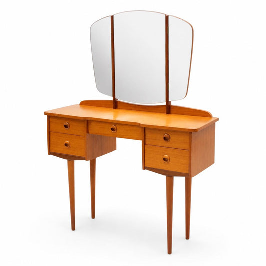 Vintage Scandinavian Modern Teak Vanity Dressing Table with Triple Mirror, Norwegian Mid Century Makeup Desk __etsy:8053739458
