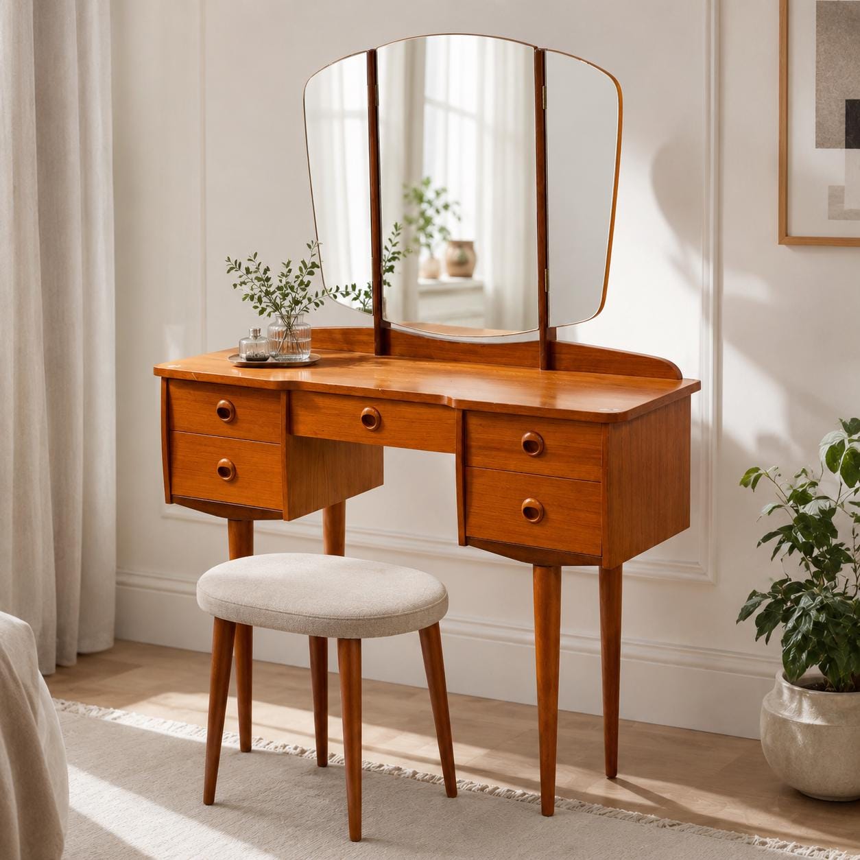 Vintage Scandinavian Modern Teak Vanity Dressing Table with Triple Mirror, Norwegian Mid Century Makeup Desk __etsy:8101654431