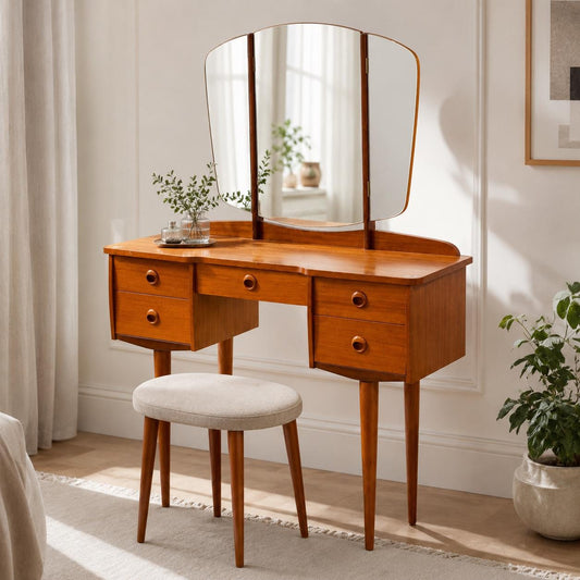 Vintage Scandinavian Modern Teak Vanity Dressing Table with Triple Mirror, Norwegian Mid Century Makeup Desk __etsy:8101654431