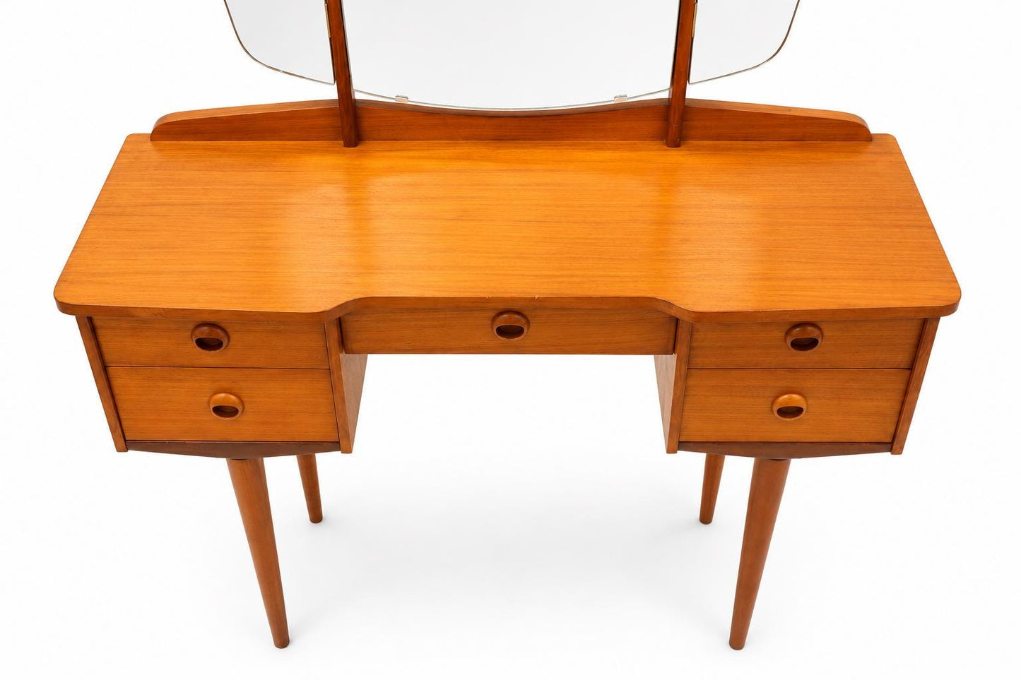 Vintage Scandinavian Modern Teak Vanity Dressing Table with Triple Mirror, Norwegian Mid Century Makeup Desk __etsy:8101654093