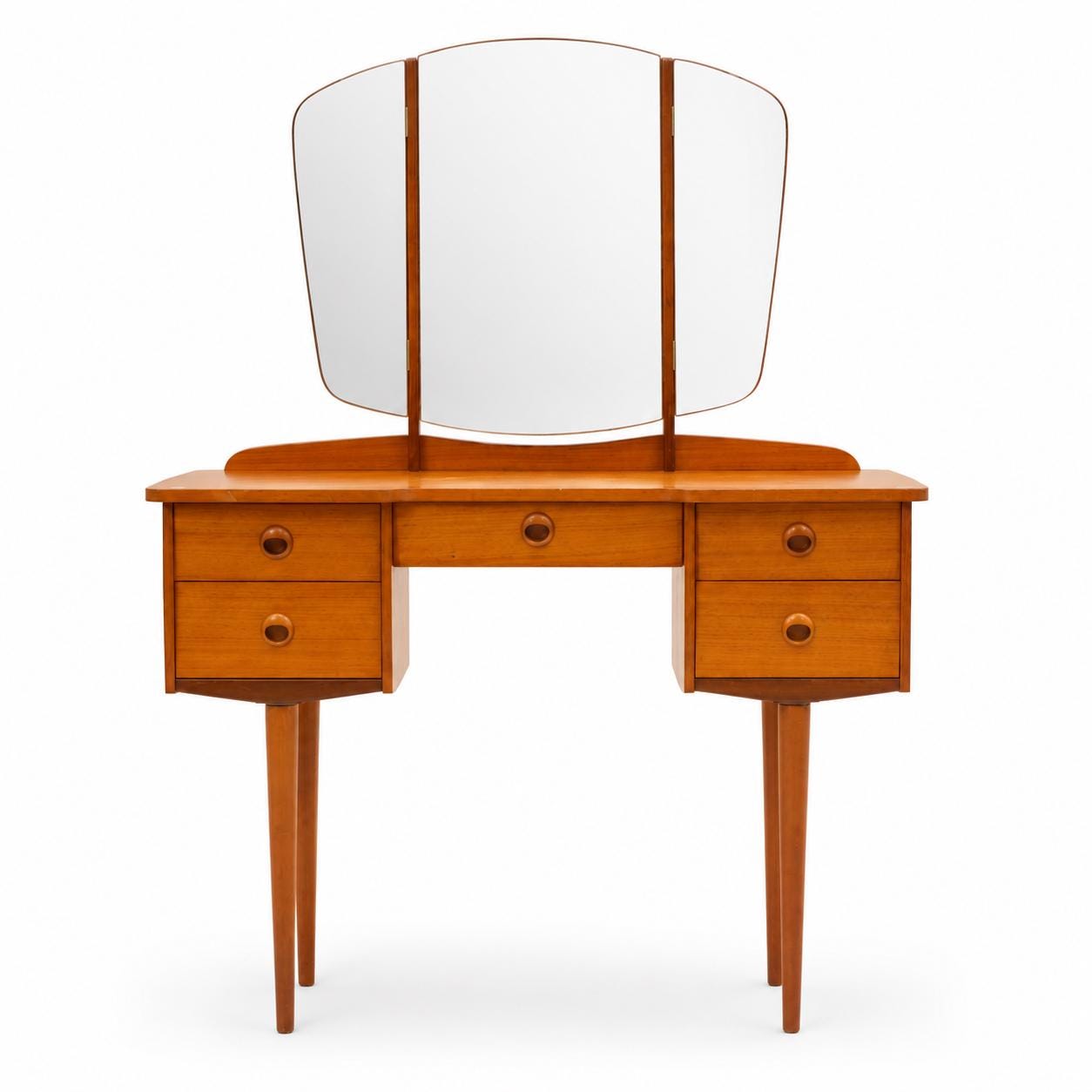 Vintage Scandinavian Modern Teak Vanity Dressing Table with Triple Mirror, Norwegian Mid Century Makeup Desk __etsy:8053740558