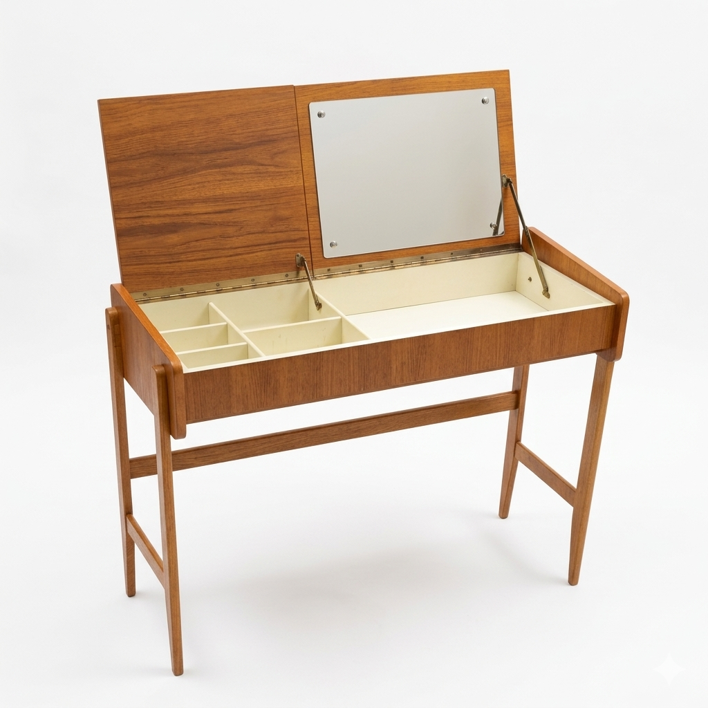 1960s Scandinavian Teak Vanity Table with Flip-Top Mirror and Storage