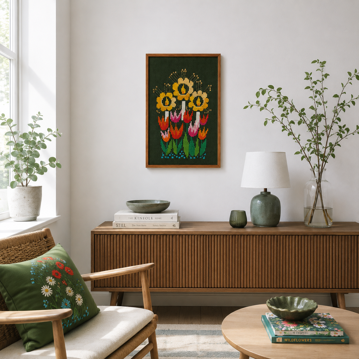 Vintage Swedish Cross-Stitch Candles and Tulips Wall Art in Teak Frame