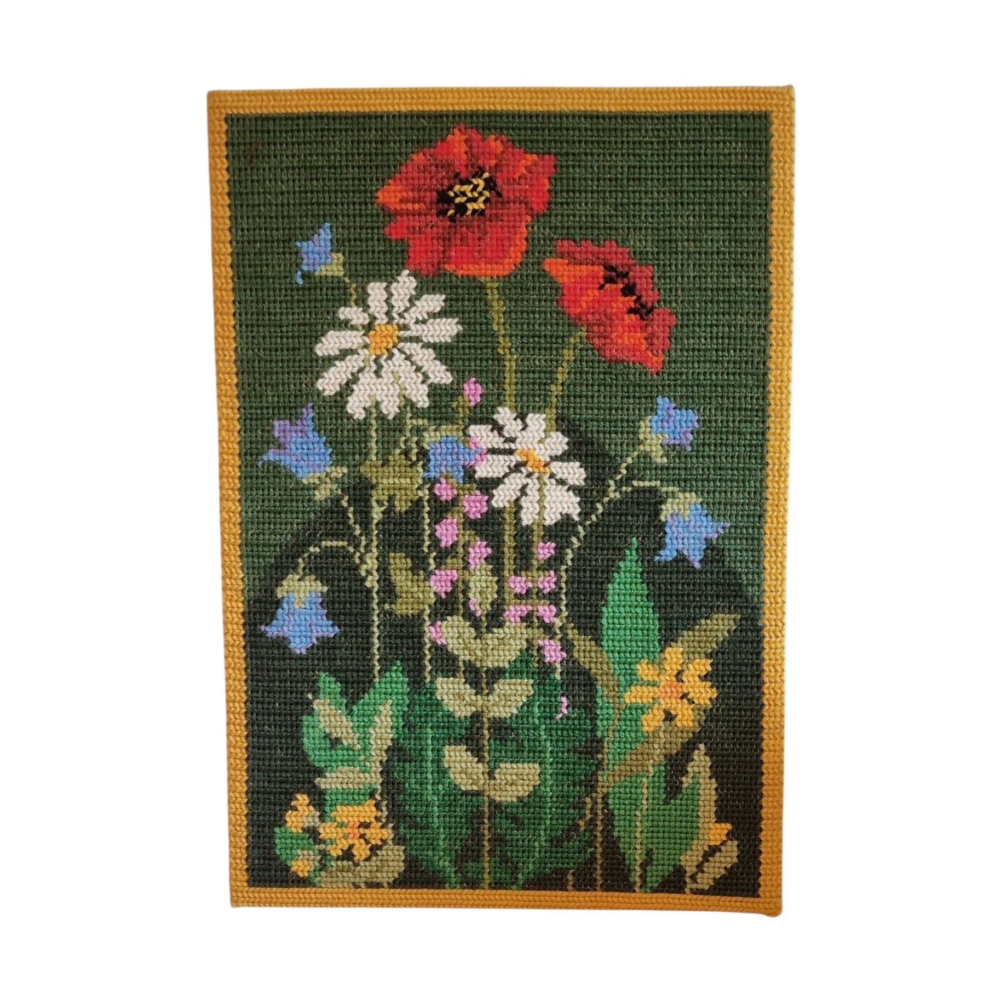 Vintage Swedish Needlepoint Poppy Field Wall Art in Teak Frame
