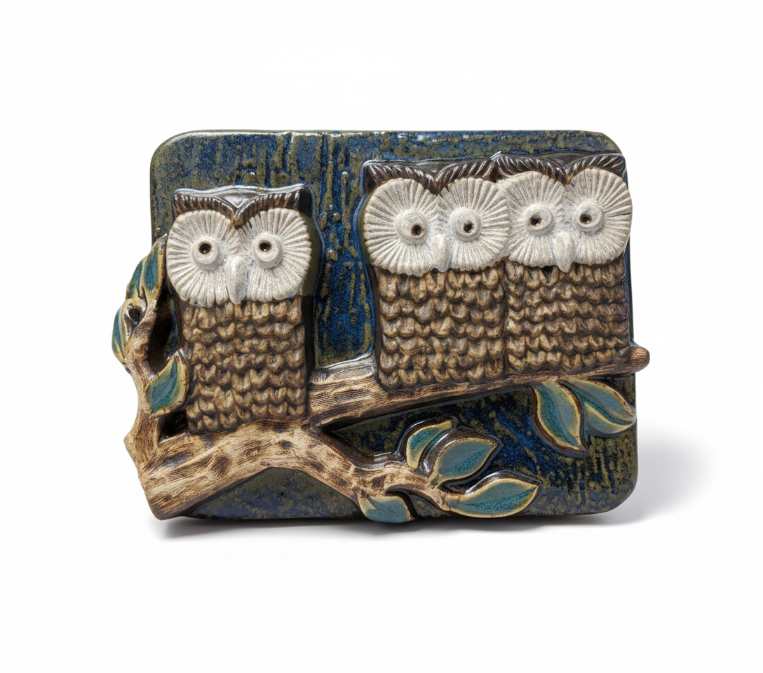 Willy Fischer EGO Stengods – Three Wise Owls Stoneware Wall Plaque, Sweden 1970s, authentic vintage, timeless charm