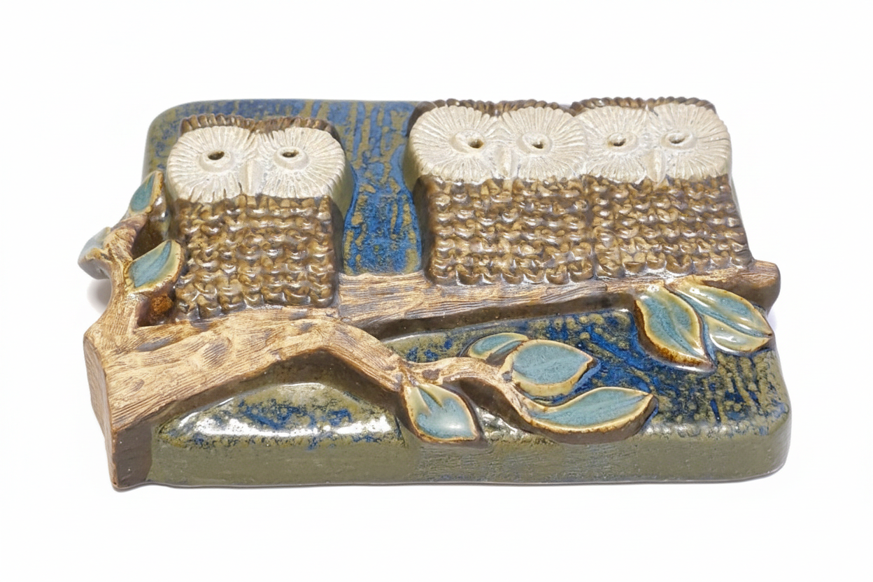 Willy Fischer EGO Stengods – Three Wise Owls Stoneware Wall Plaque, Sweden 1970s, authentic vintage timeless charm
