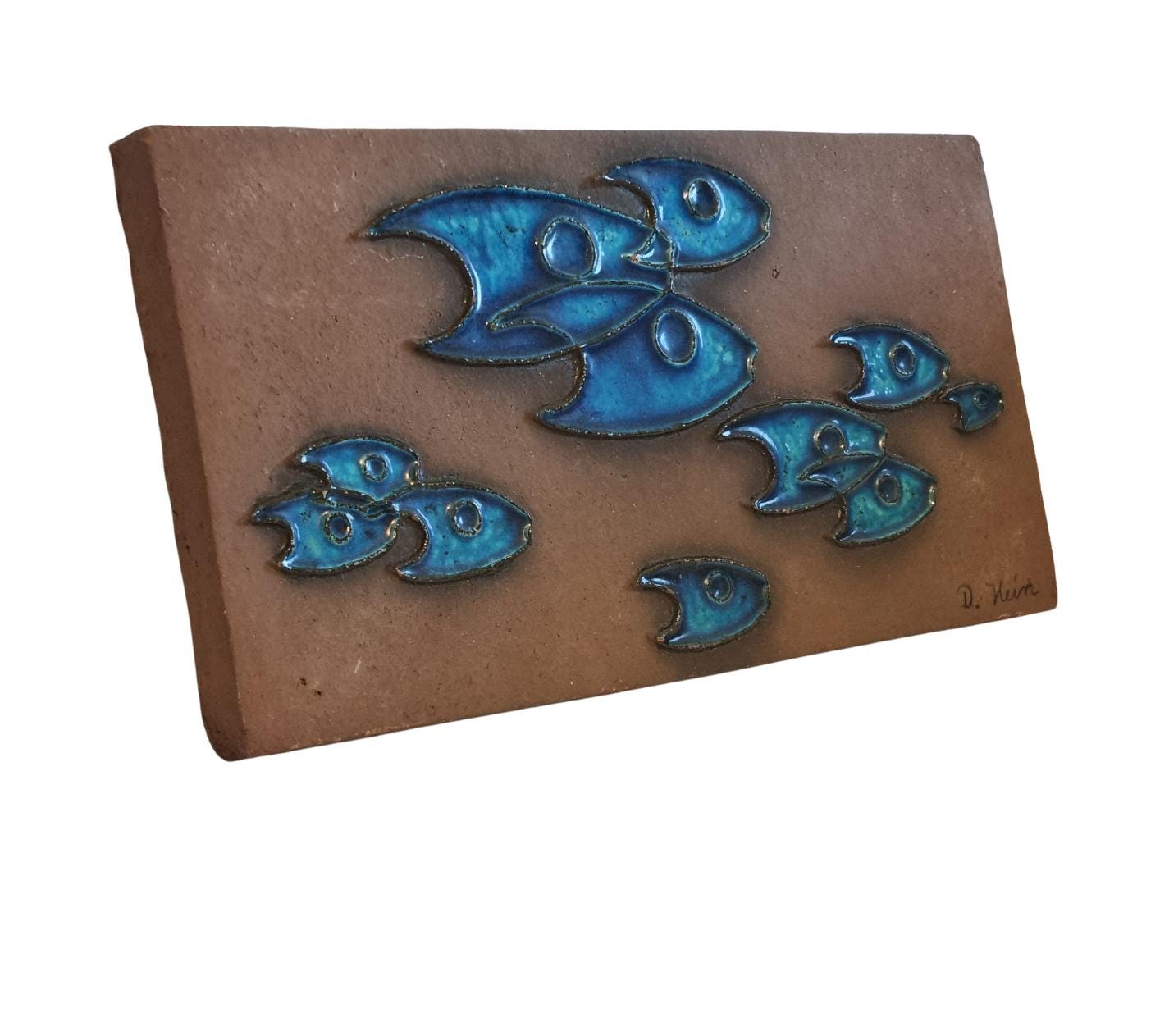 Wall Plaque, School of Fish by Dietlinde Hein, Blue Ceramic Relief, Knabstrup Denmark, Mid Century Modern __etsy:8194644435