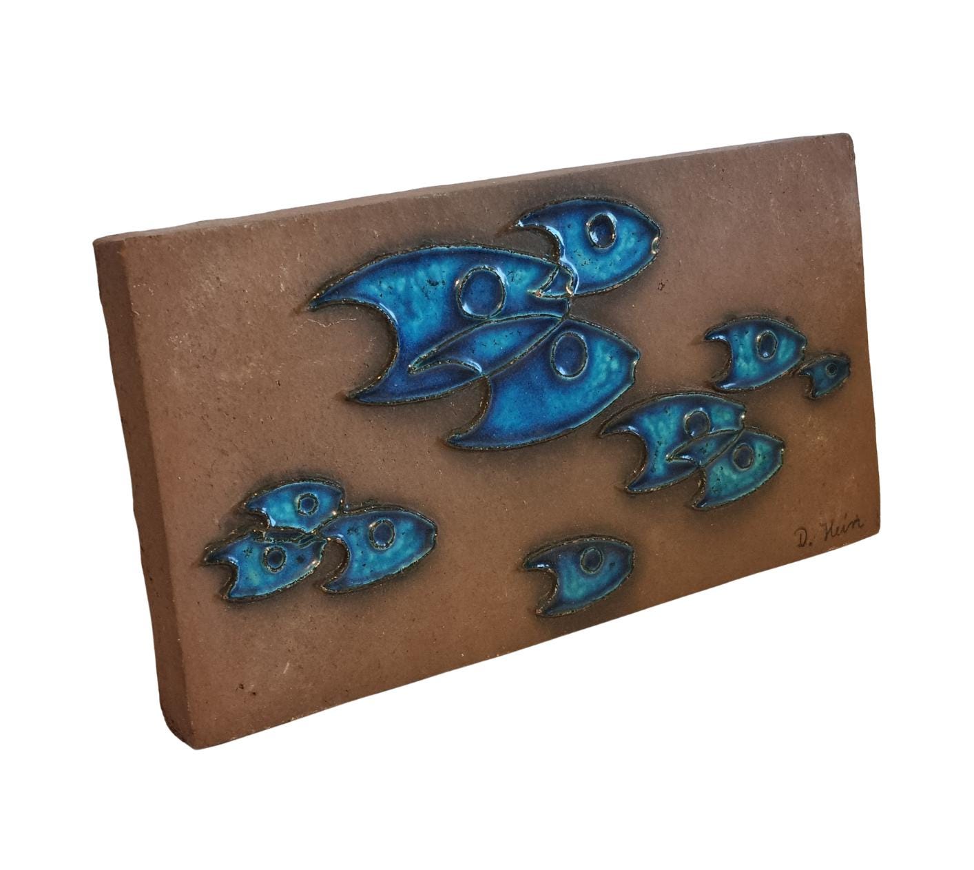 Wall Plaque, School of Fish by Dietlinde Hein, Blue Ceramic Relief, Knabstrup Denmark, Mid Century Modern __etsy:8146742598