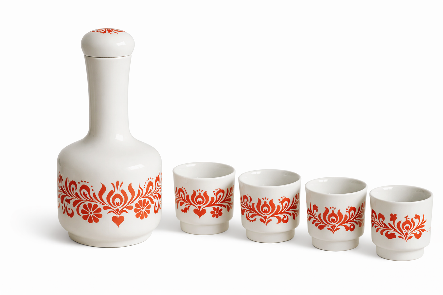 Alföldi Porcelain Wine Set – Hungarian Folk Art Decanter & Cups with red floral folk design on white porcelain