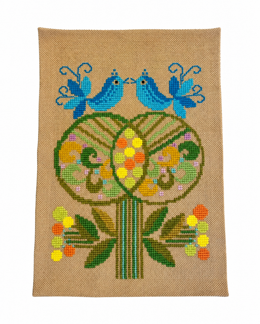 Scandinavian Bird Needlepoint Wall Art – Swedish Folk Textile – Handmade Nordic Embroidery – Cottagecore Decor