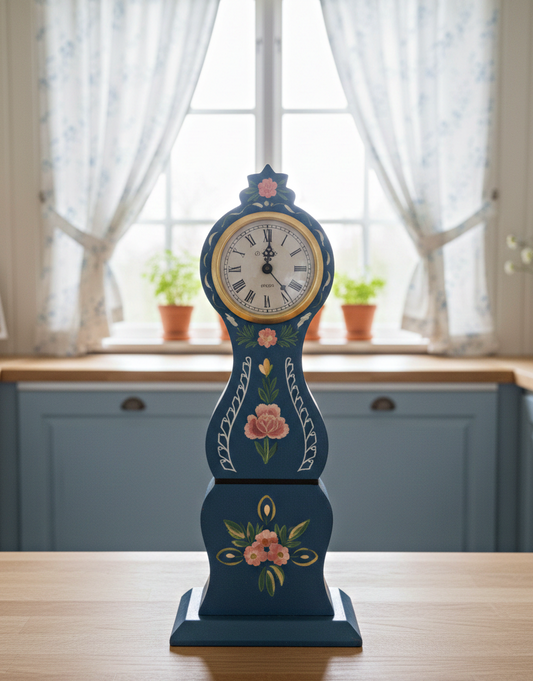Vintage Swedish Mora-Style Blue Wooden Clock – Hand-Painted Kurbits Folk Art – Scandinavian Decor