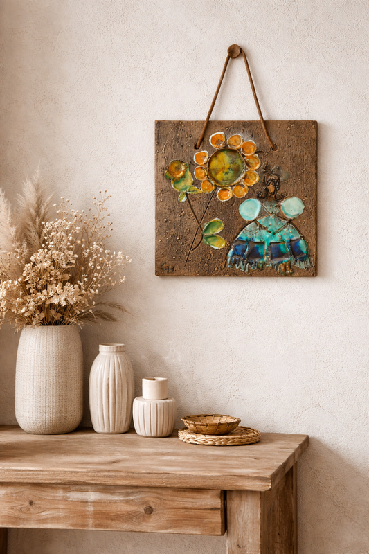 Ceramic Wall Art Sunflower Mid Century Scandinavian Folk Art Sweden Tilgmans Plaque with timeless charm and authentic vintage style.