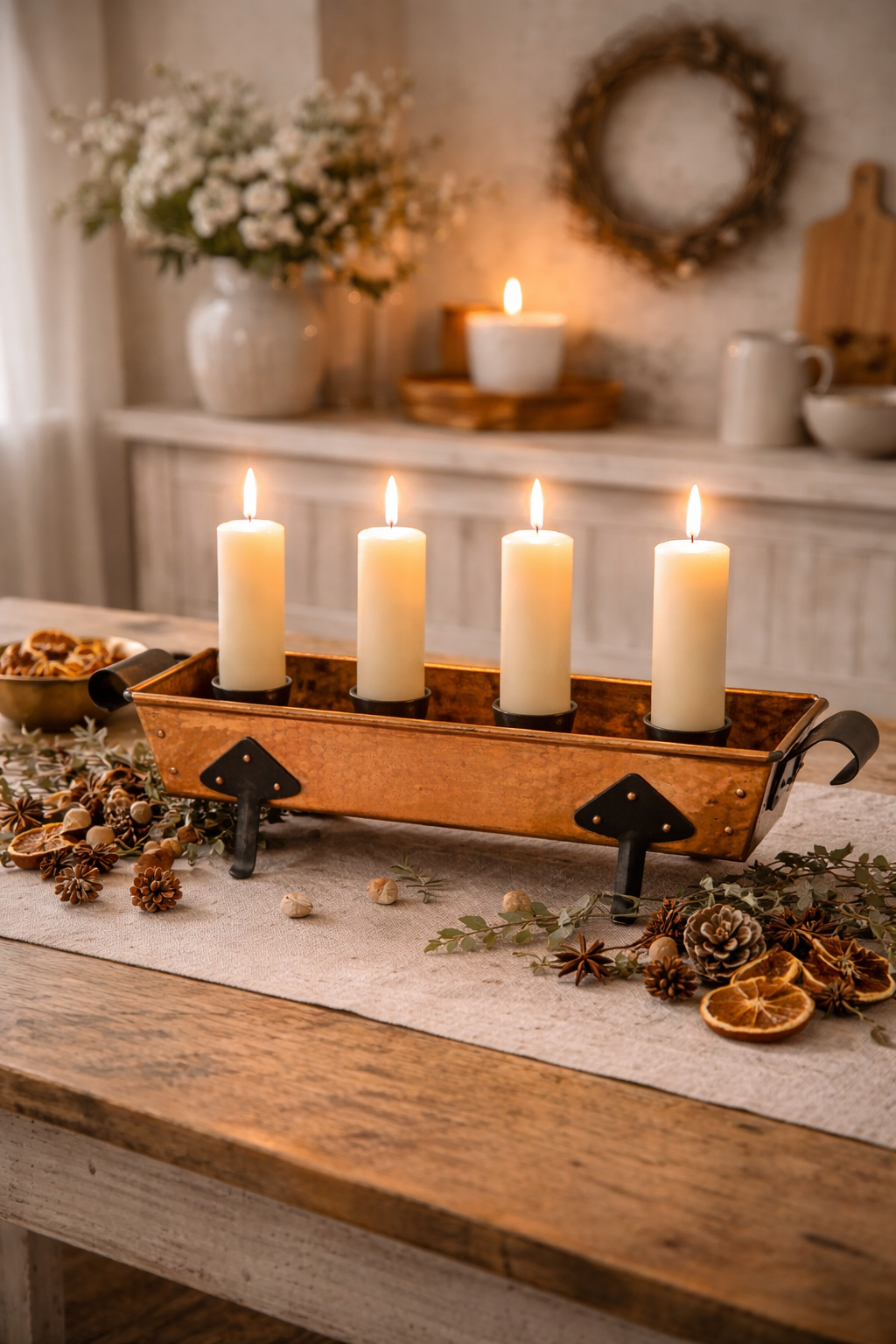 Vintage Hammered Copper Advent Candle Tray – 4 Pillar Candles, Iron Legs & Handles, timeless charm with authentic vintage appeal