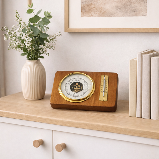Genia Vintage Barometer & Thermometer – Scandinavian Teak Wood with timeless charm in a minimalist mid-century modern setting