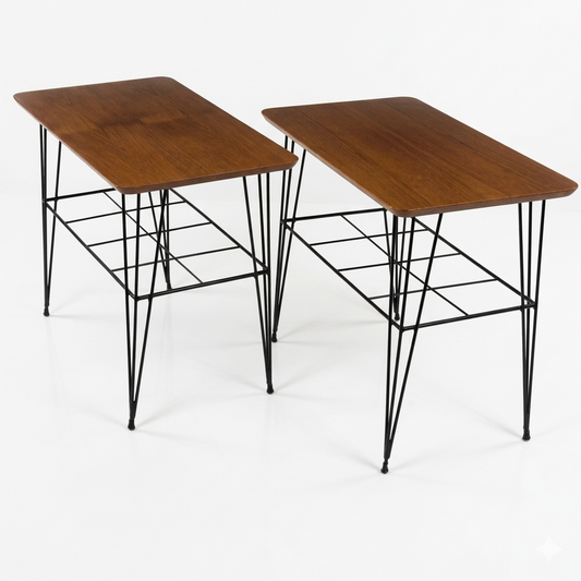 Pair of Scandinavian Teak & Iron Wire Side Tables with Magazine Rack – 1950s, authentic vintage, timeless charm.