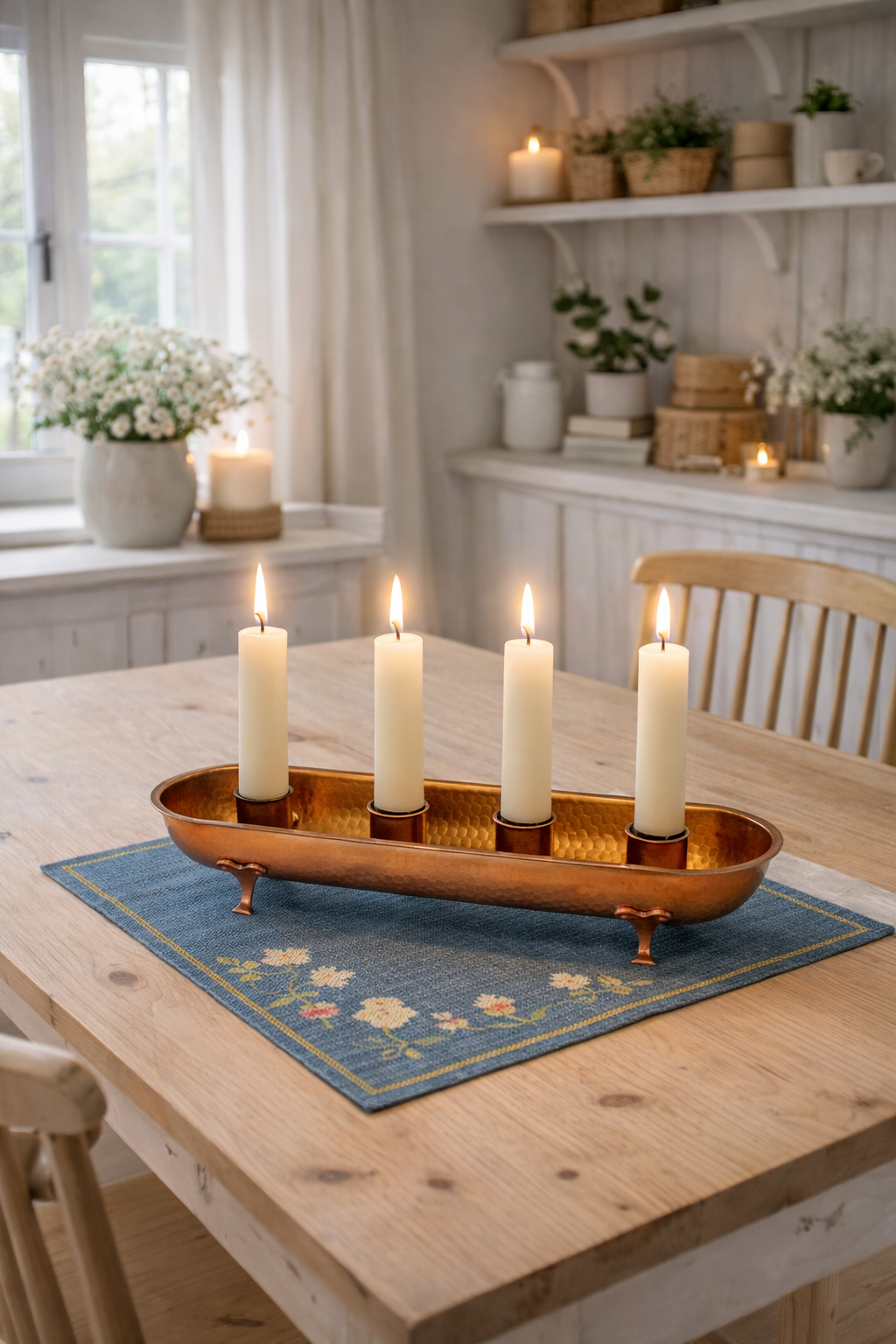 Vintage Hammered Copper Candle Holder Tray – 4 Pillar Candles, Footed