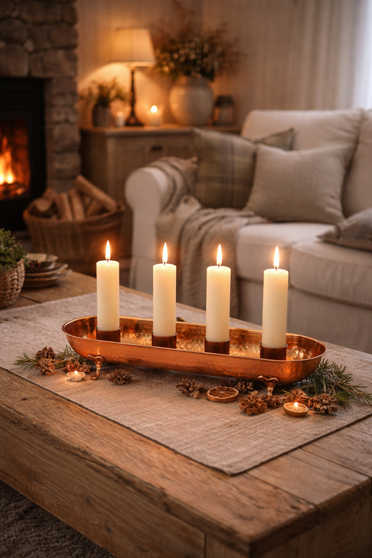 Vintage Hammered Copper Candle Holder Tray – 4 Pillar Candles, Footed