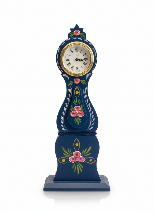 Vintage Swedish Mora-Style Blue Wooden Clock – Hand-Painted Kurbits Folk Art – Scandinavian Decor