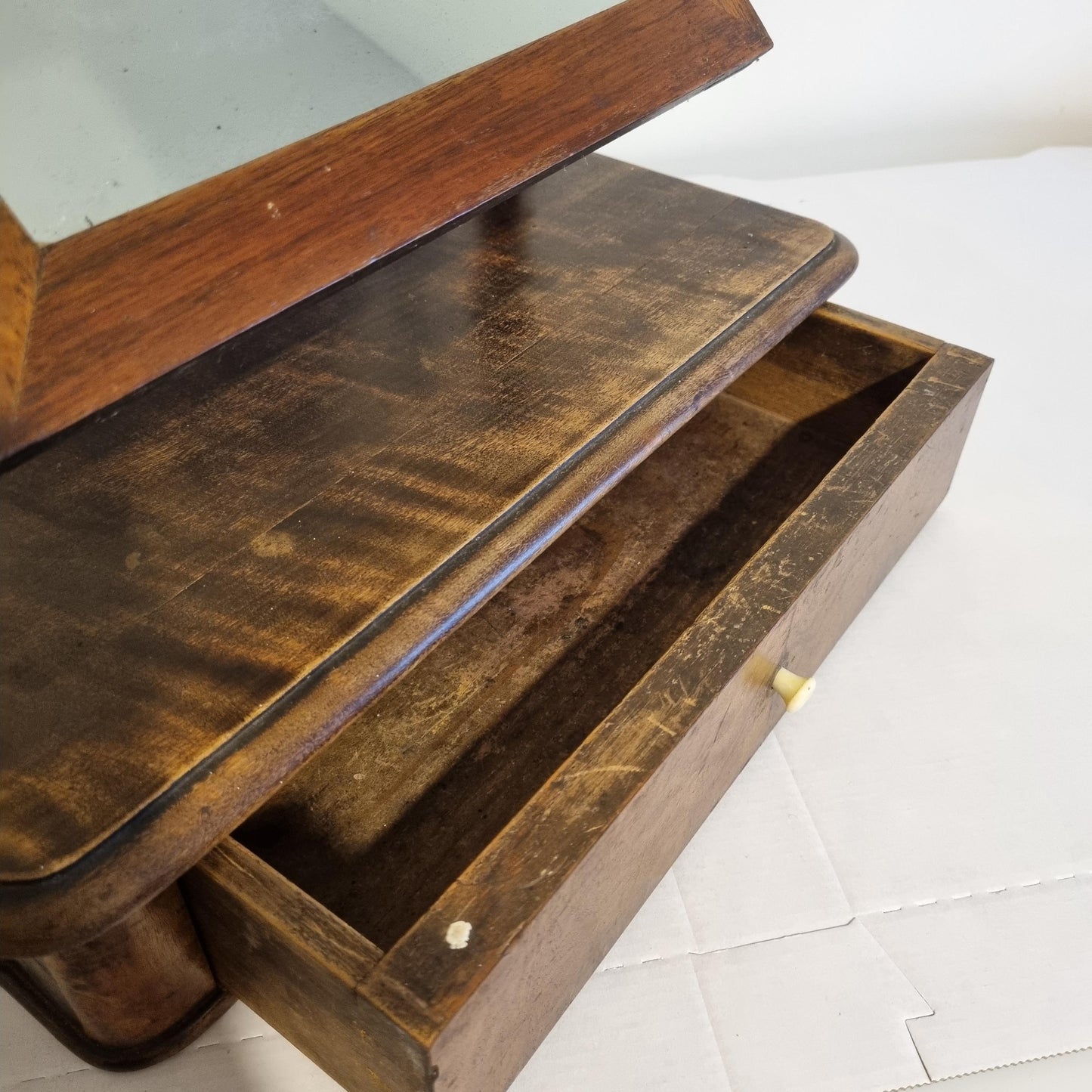 Antique Swedish Shaving Mirror: Turned Wood Swivel Stand & Drawer