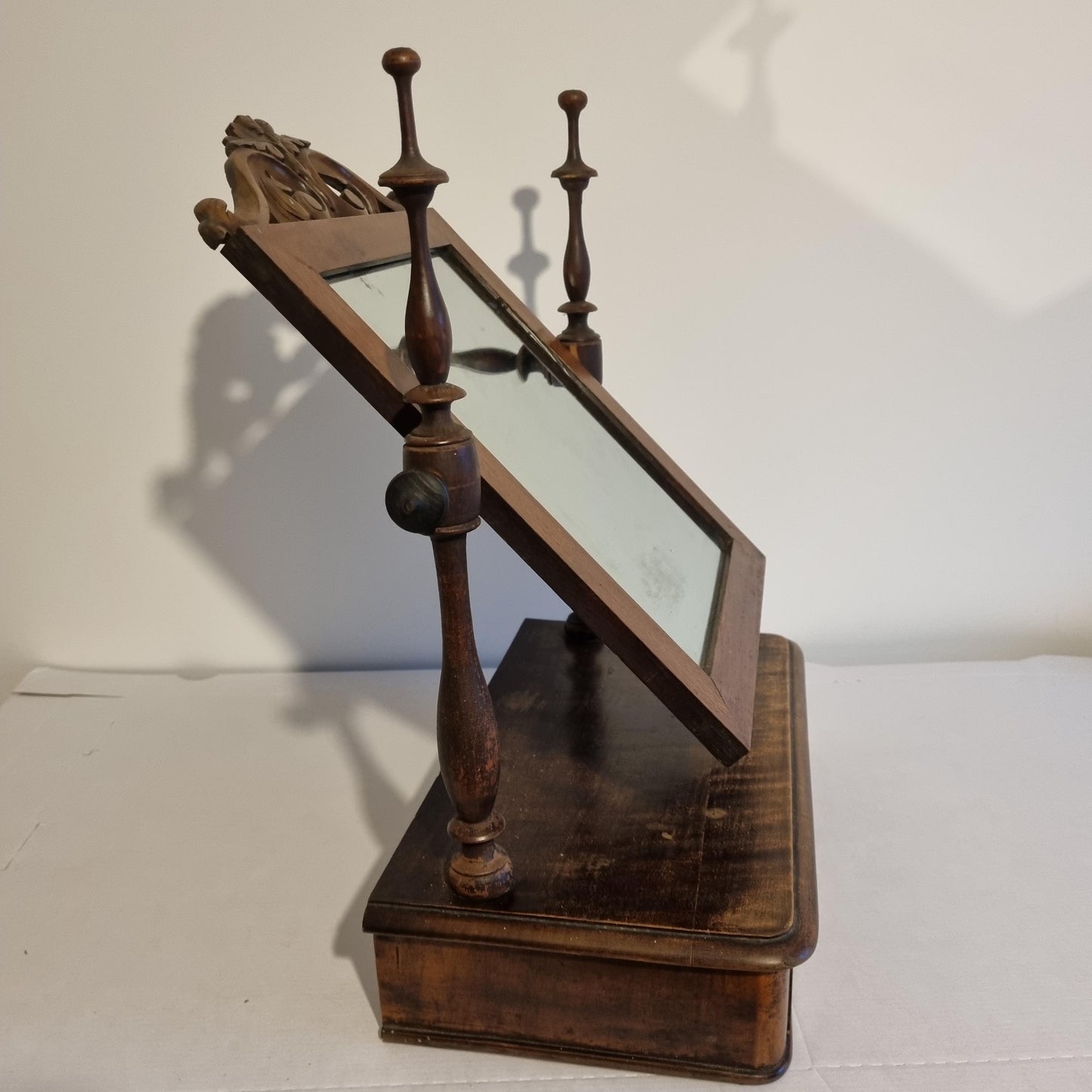 Antique Swedish Shaving Mirror: Turned Wood Swivel Stand & Drawer