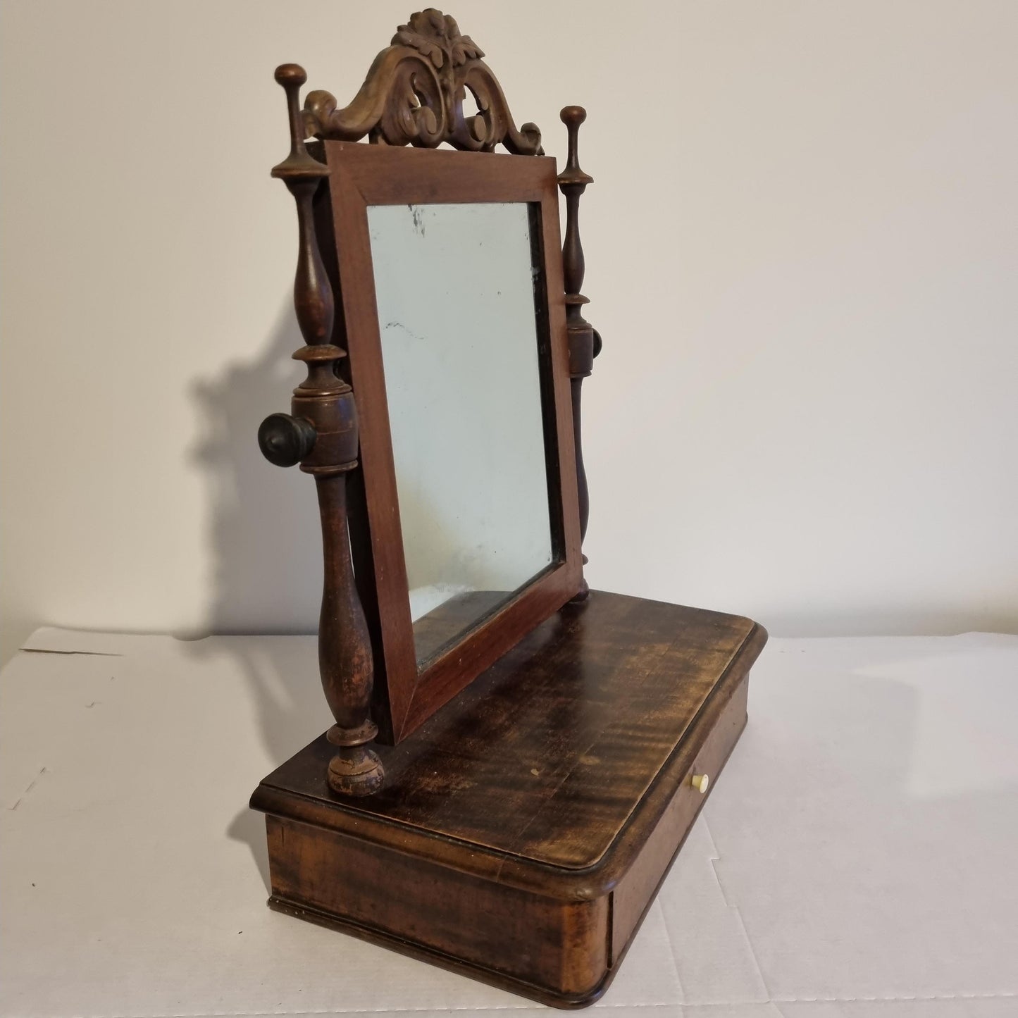 Antique Swedish Shaving Mirror: Turned Wood Swivel Stand & Drawer