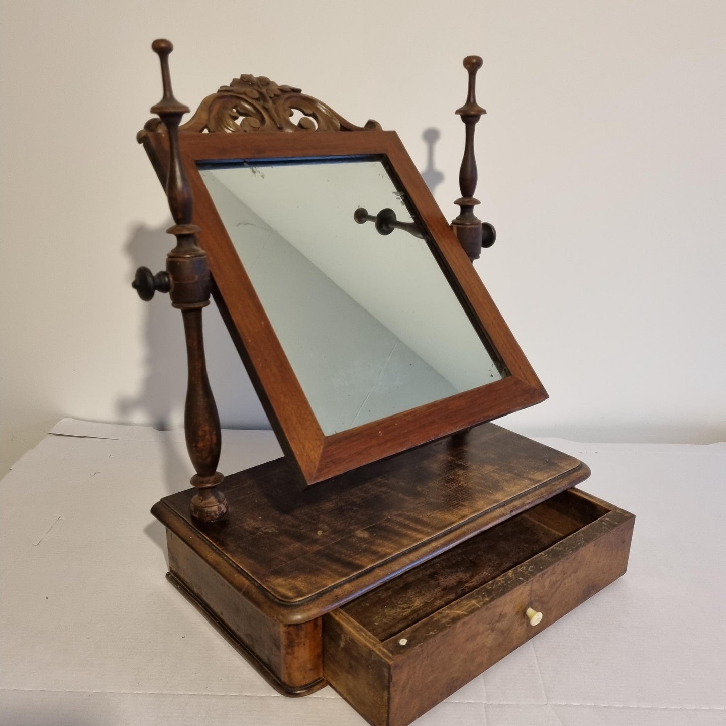 Antique Swedish Shaving Mirror: Turned Wood Swivel Stand & Drawer