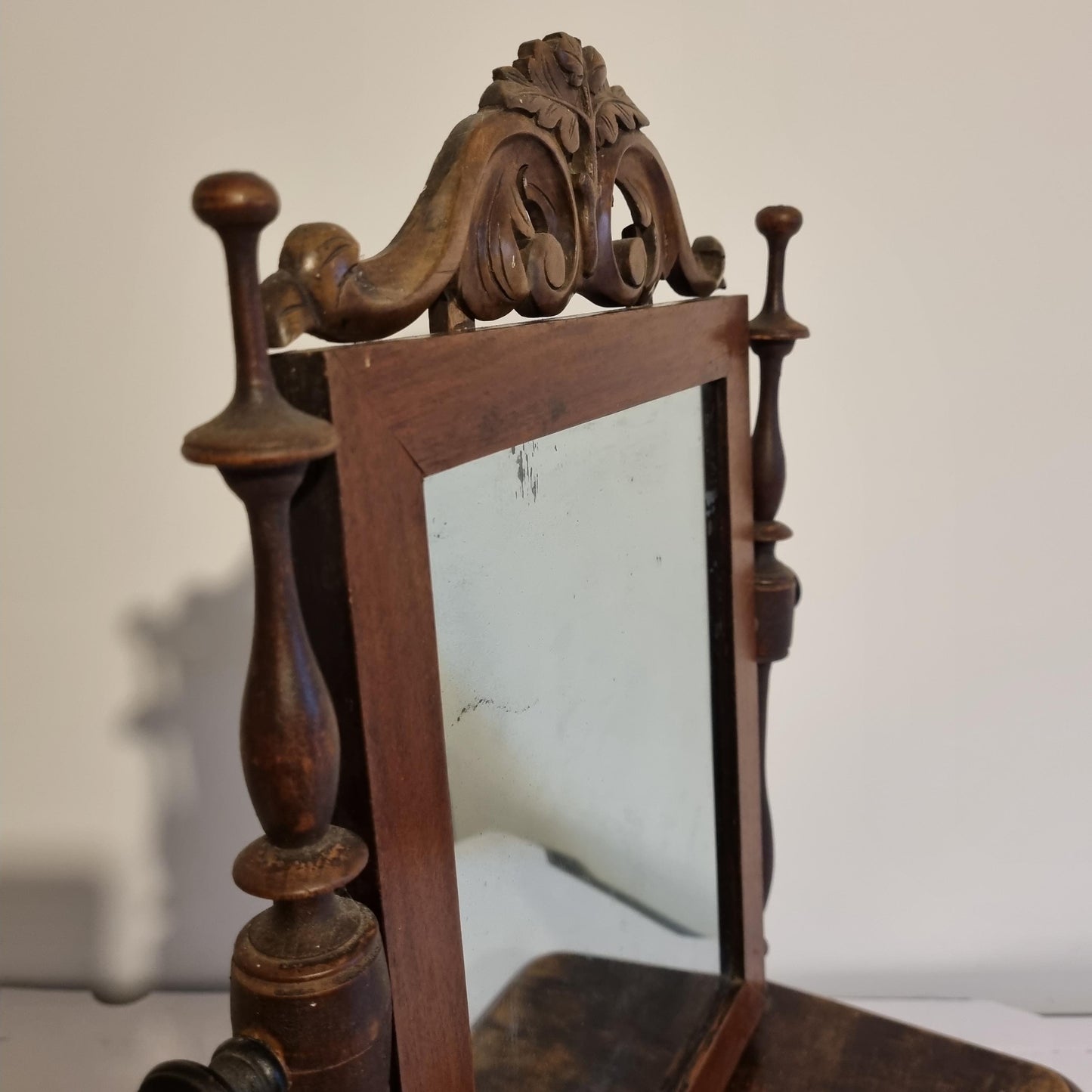 Antique Swedish Shaving Mirror: Turned Wood Swivel Stand & Drawer