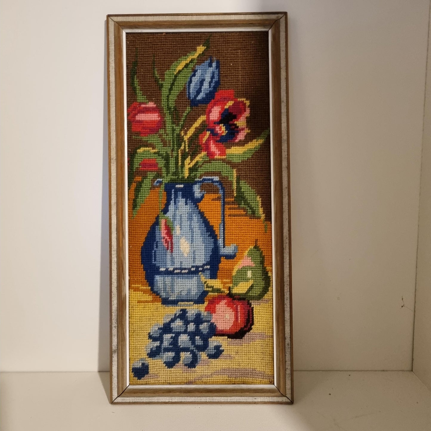 Vintage 1960s Scandinavian Needlepoint Floral Still Life in Wooden Frame - Hand-Stitched Wall Art