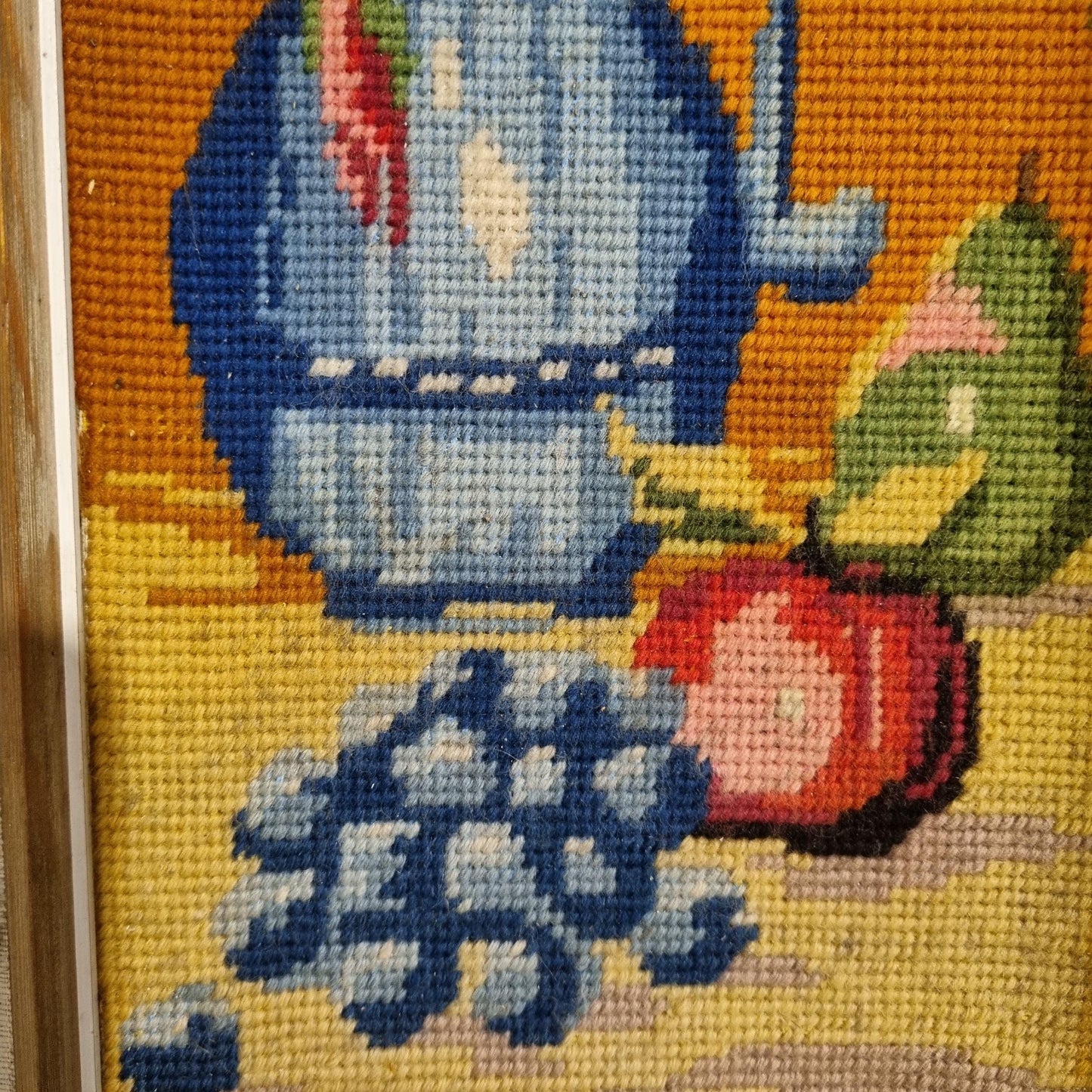 Vintage 1960s Scandinavian Needlepoint Floral Still Life in Wooden Frame - Hand-Stitched Wall Art