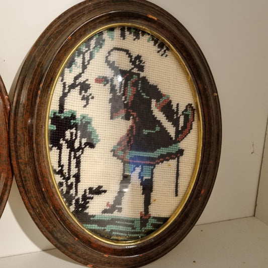 Vintage Scandinavian Needlepoint Couple in Oval Wooden Frames - Hand-Stitched Wall Art, Set of 2
