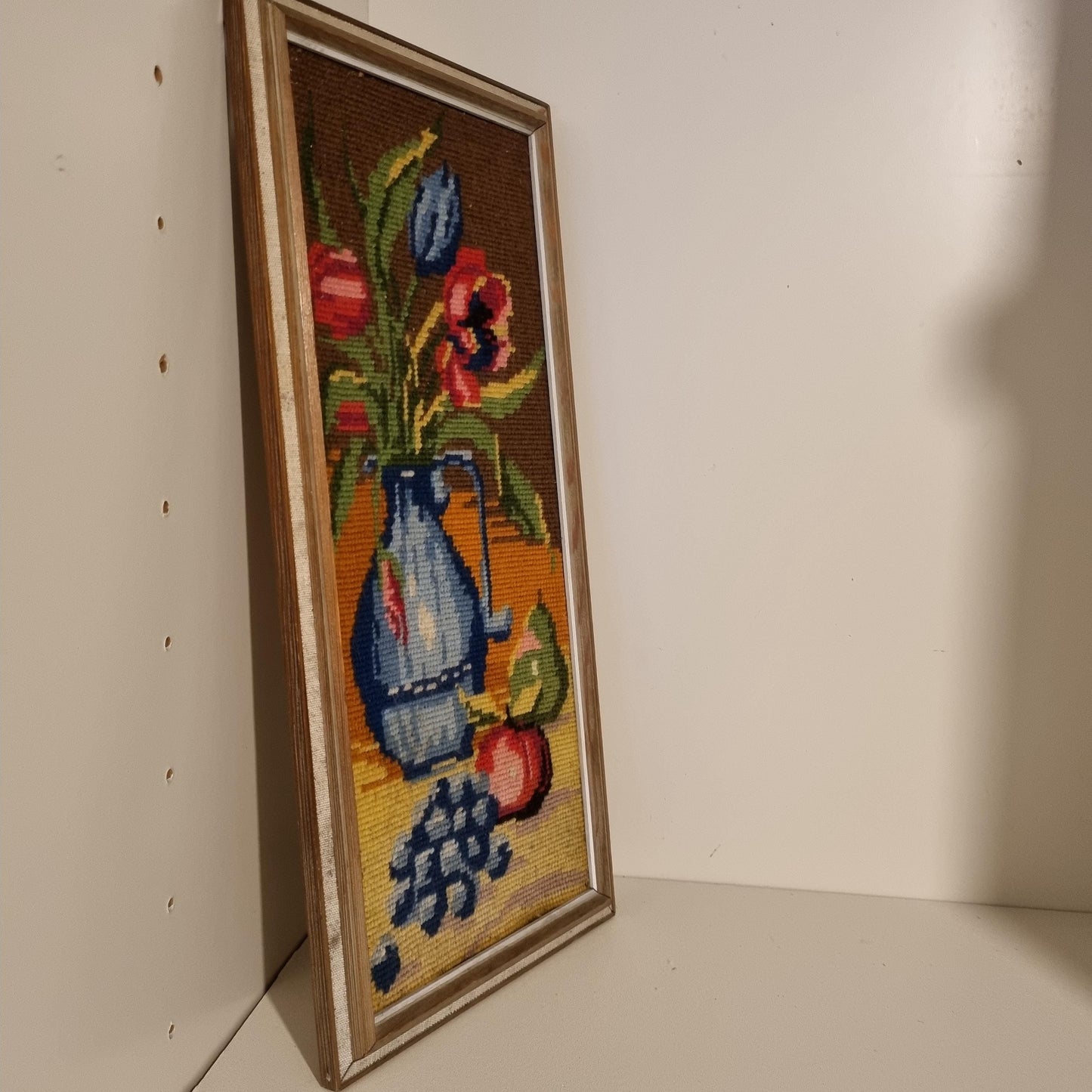 Vintage 1960s Scandinavian Needlepoint Floral Still Life in Wooden Frame - Hand-Stitched Wall Art
