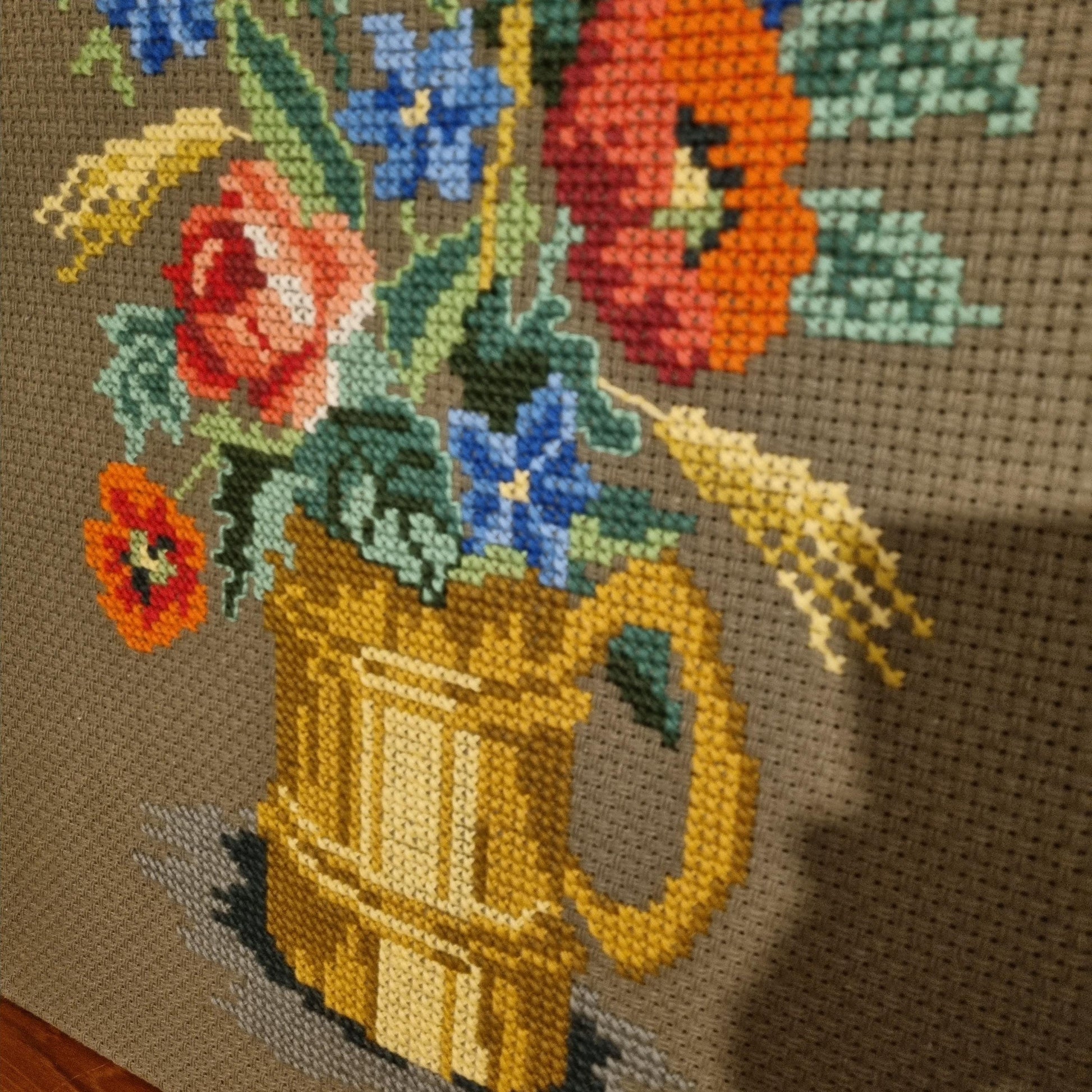Scandinavian Hand-Embroidered Floral Large Wall Art - Unique Decorative Piece ,1960s,1970s with vibrant flowers in a golden vase