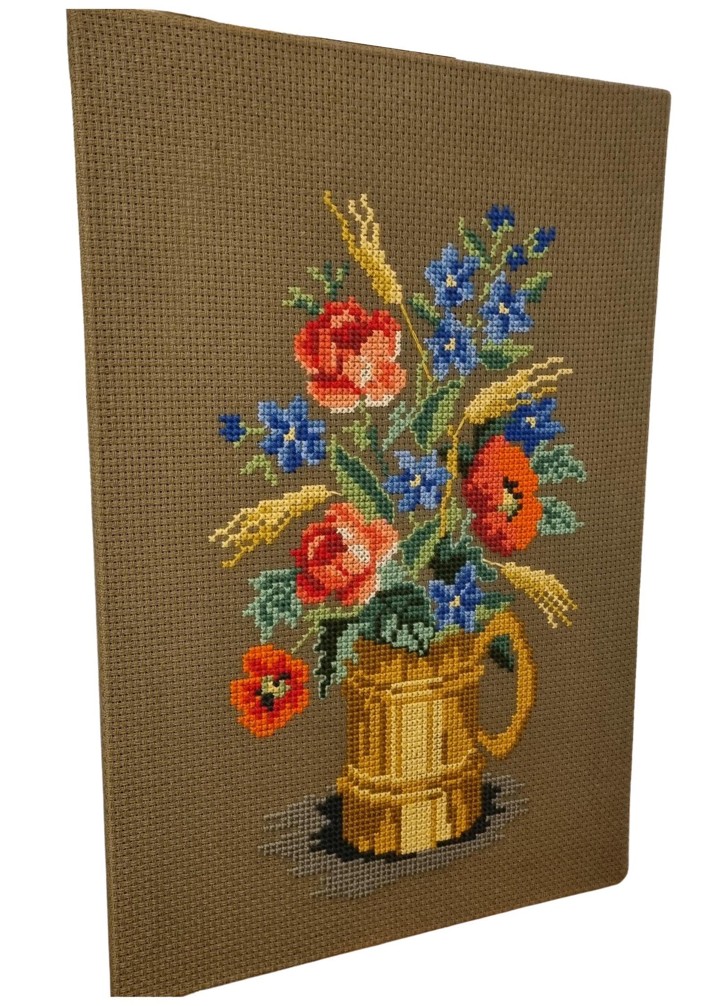 Scandinavian Hand-Embroidered Floral Large Wall Art - Unique Decorative Piece ,1960s,1970s showing colorful flowers in a yellow pitcher