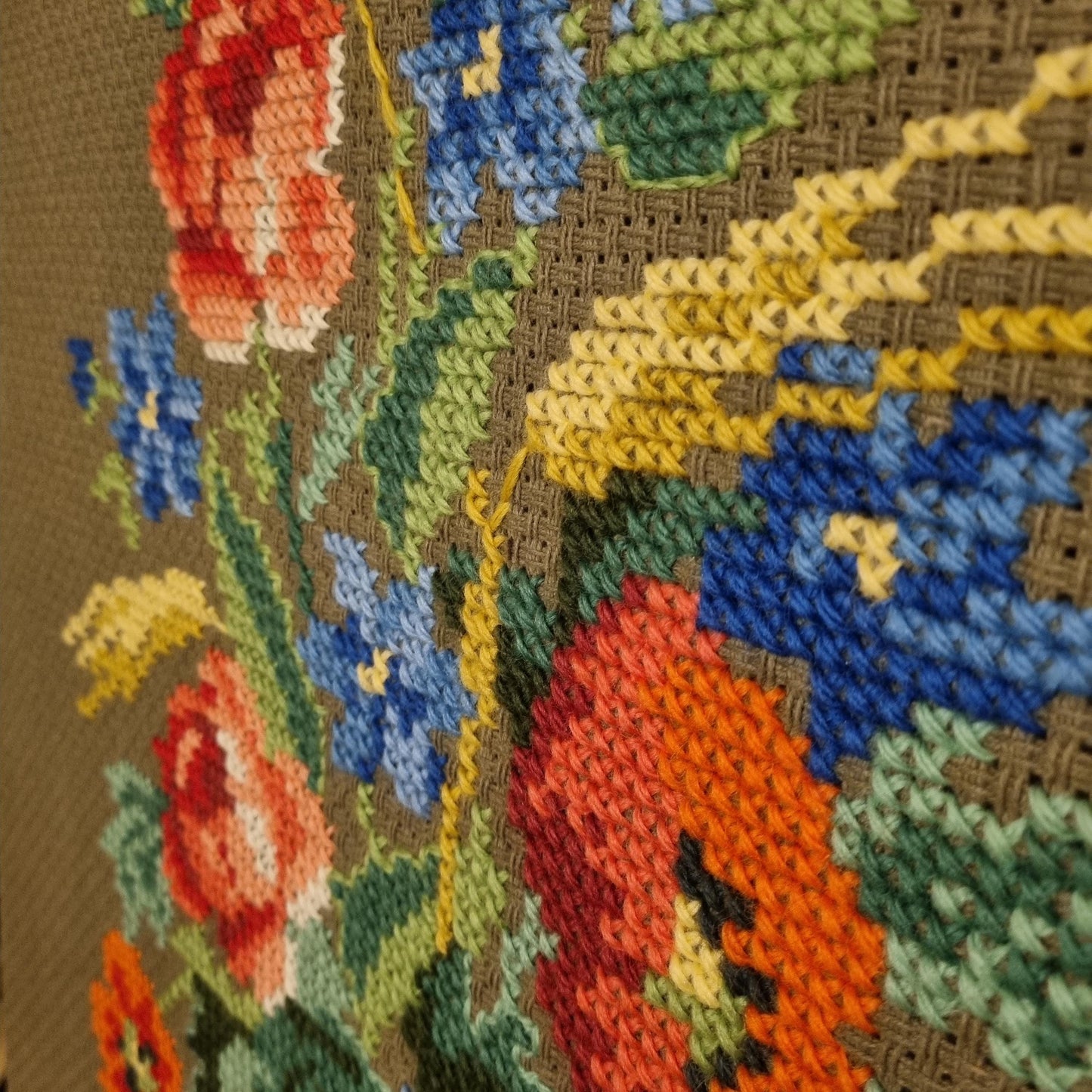 Scandinavian Hand-Embroidered Floral Large Wall Art - Unique Decorative Piece ,1960s,1970s with vibrant colorful flowers and detailed stitching