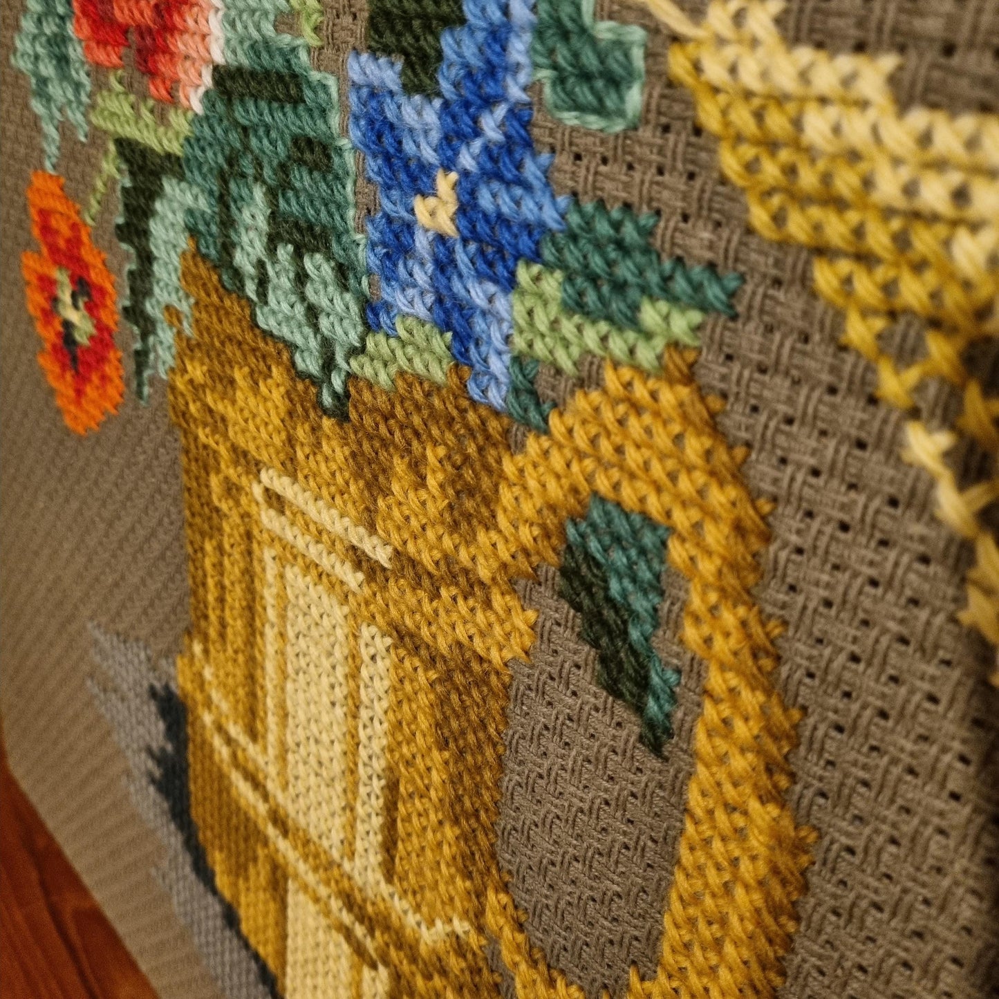 Scandinavian Hand-Embroidered Floral Large Wall Art - Unique Decorative Piece ,1960s,1970s with colorful floral design detail