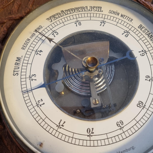 Mid-Century Wall Barometer – Hand-Carved Wood, Carl Marcus Hamburg, Germany 1950s vintage weather instrument close-up