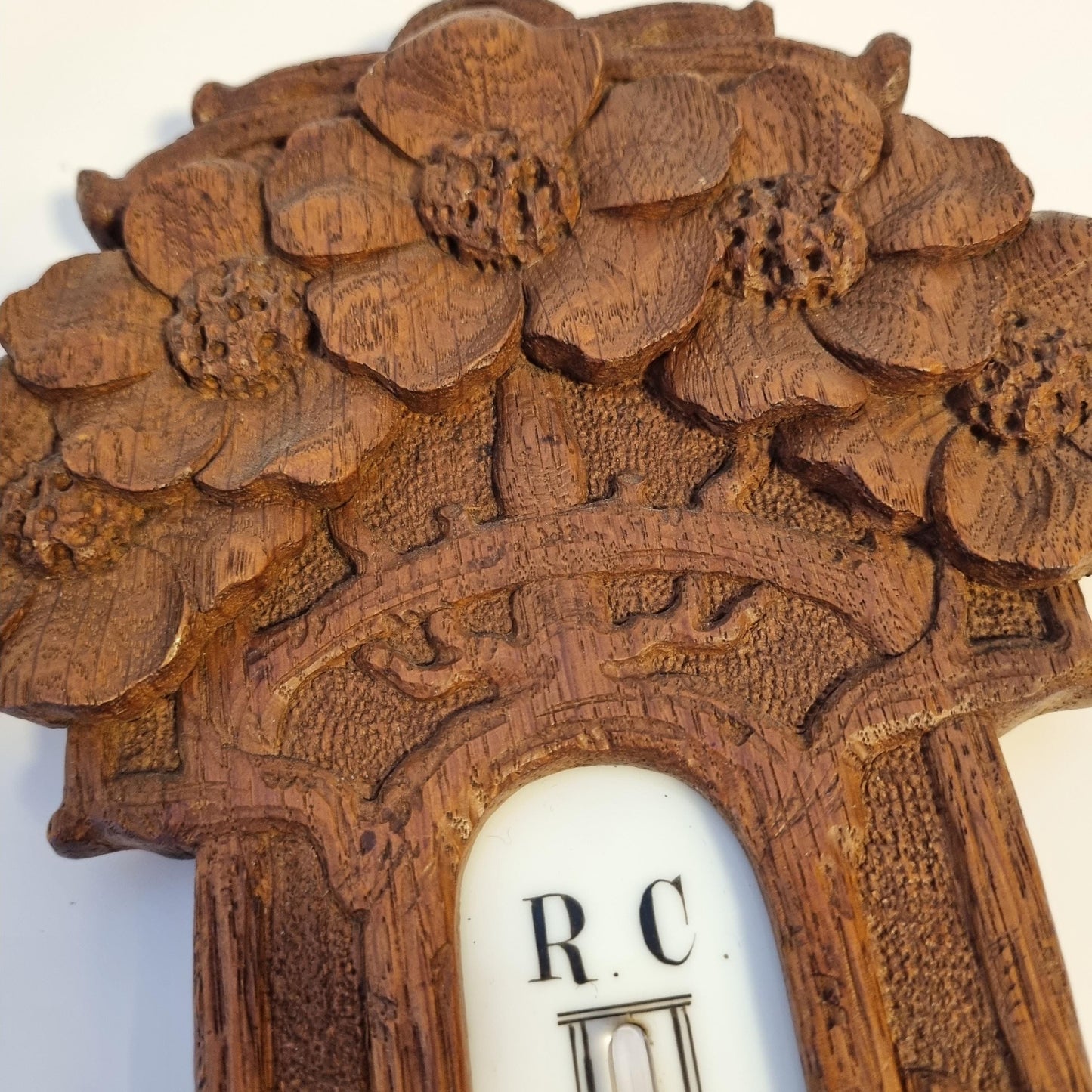 Mid-Century Wall Barometer – Hand-Carved Wood, Carl Marcus Hamburg, Germany 1950s with floral detail in rich brown wood