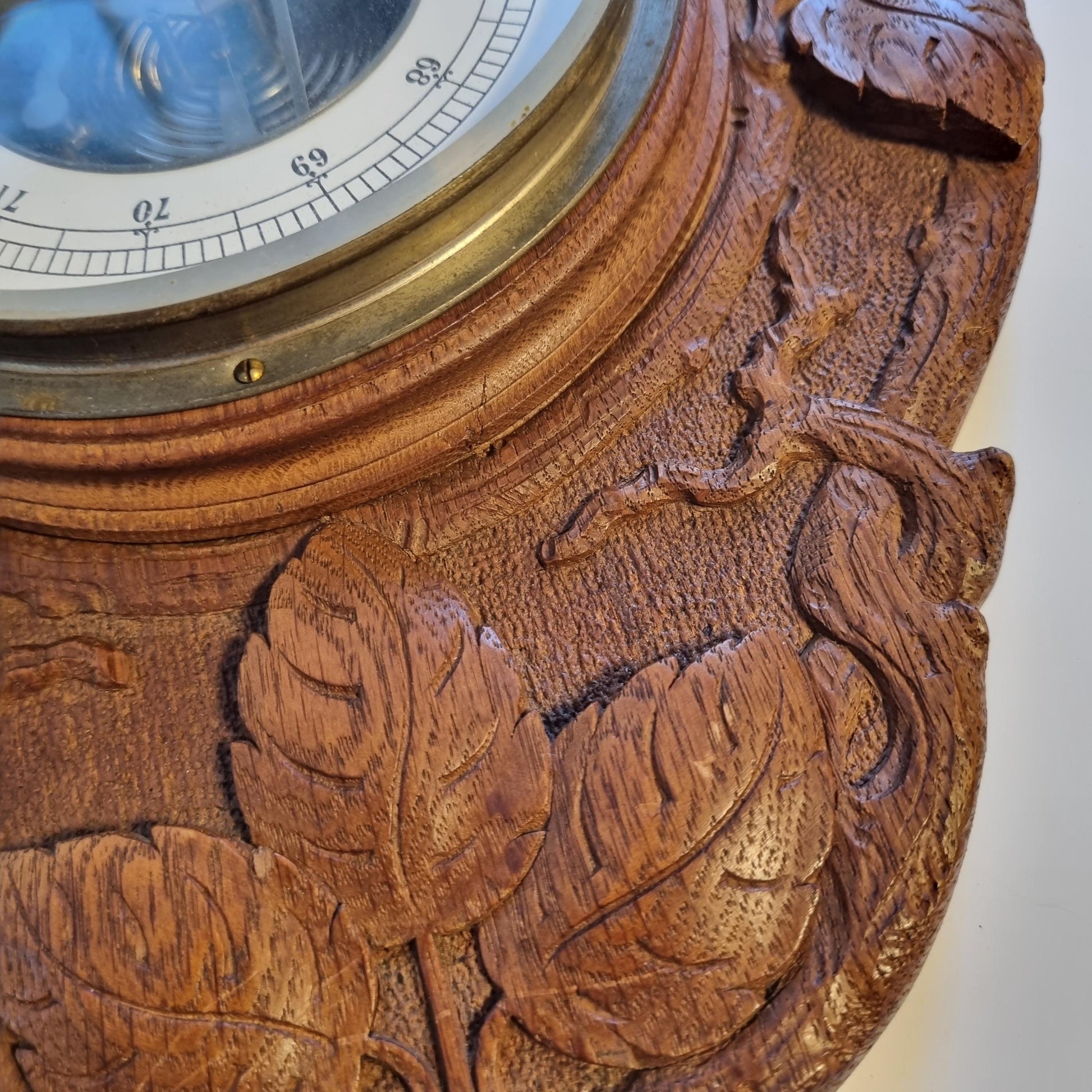Mid-Century Wall Barometer – Hand-Carved Wood, Carl Marcus Hamburg, Germany 1950s showing detailed leaf carvings in vintage wood frame