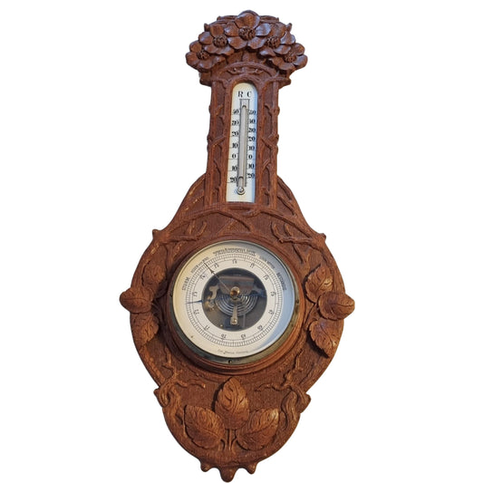 Mid-Century Wall Barometer – Hand-Carved Wood, Carl Marcus Hamburg, Germany 1950s with floral detailing and thermometer above