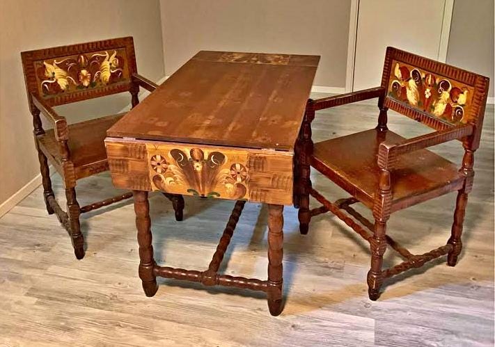 Antique Swedish Drop-Leaf Dining Set: Hand-Painted Kurbits Folk Art, Circa 1900