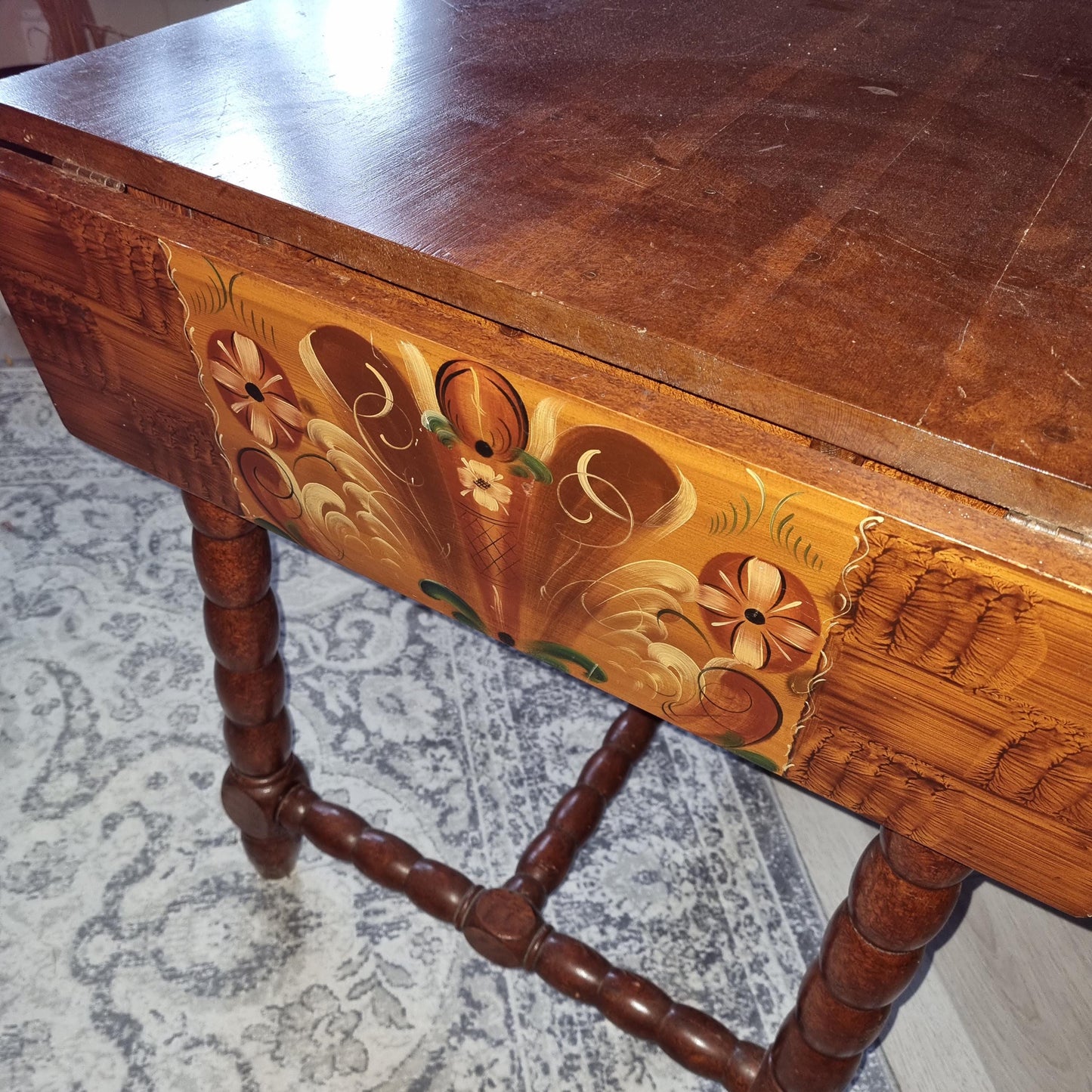 Antique Swedish Drop-Leaf Dining Set: Hand-Painted Kurbits Folk Art, Circa 1900