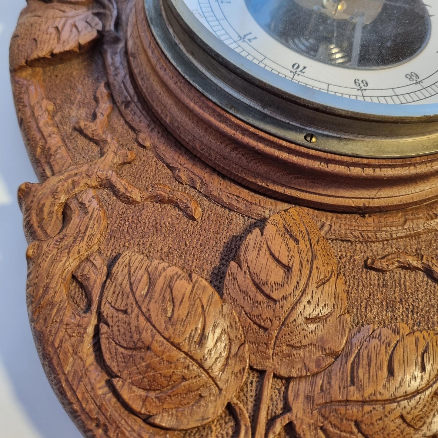Mid-Century Wall Barometer – Hand-Carved Wood, Carl Marcus Hamburg, Germany 1950s with detailed leaf motifs on frame