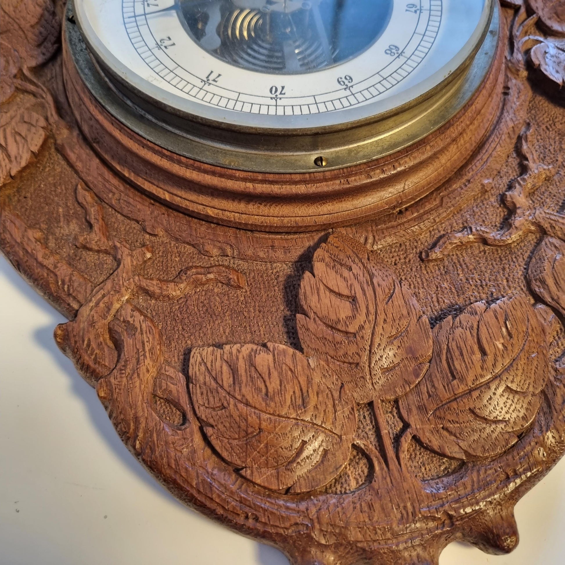 Mid-Century Wall Barometer – Hand-Carved Wood, Carl Marcus Hamburg, Germany 1950s with detailed leaf motifs
